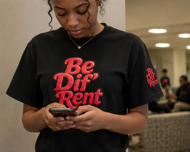 Model wearing black Be Dif'Rent tee