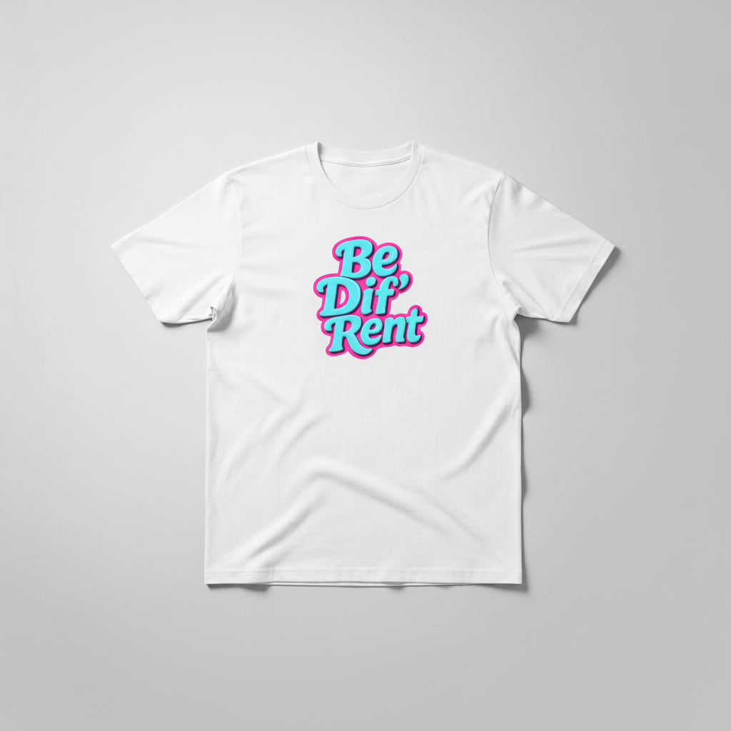 White tee cyan pink logo